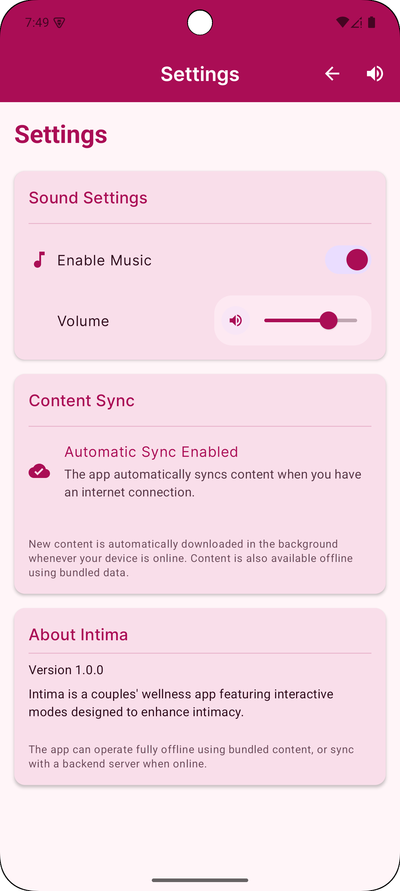 Intima Settings Screen